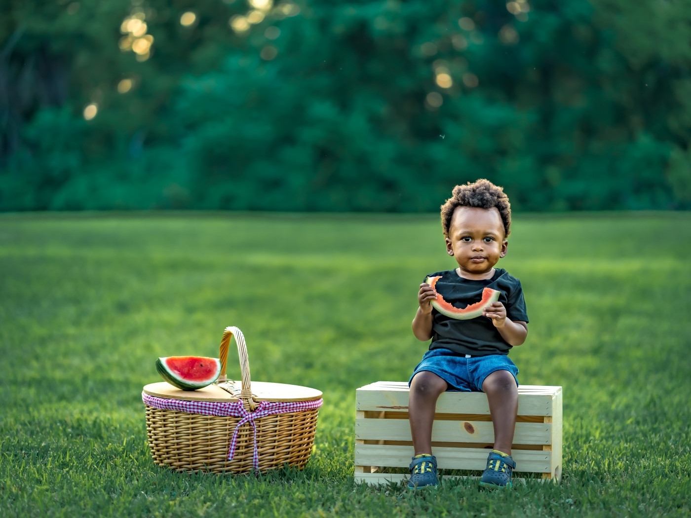 Темнокожий мальчик ест арбуз на природе