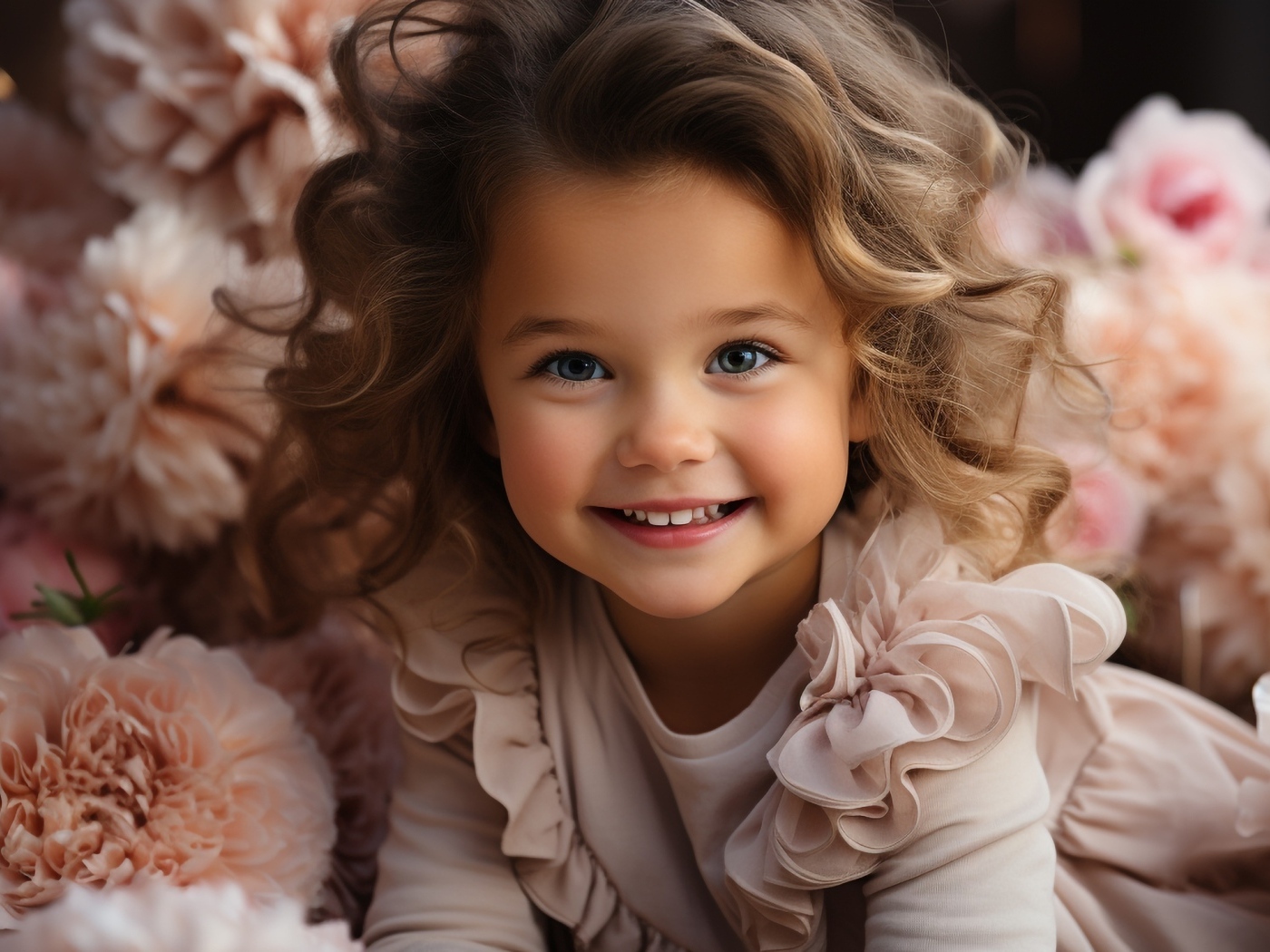 Маленькая улыбающаяся девочка в розовых цветах пиона