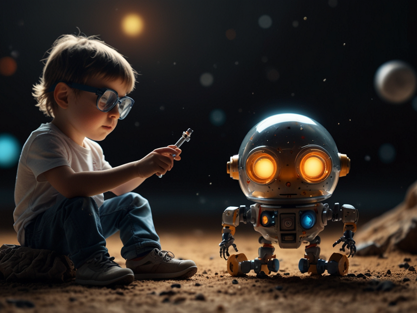 Мальчик ученый с роботом 