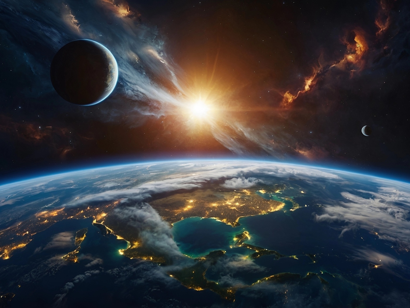 Яркая вспышка в космосе над планетой Земля