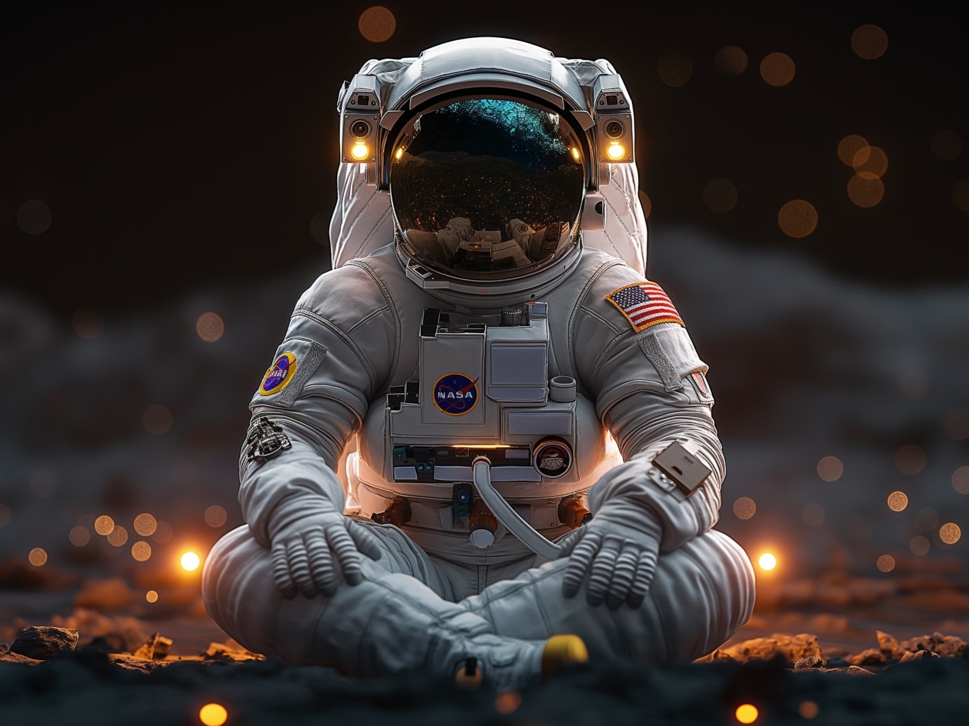 Астронавт сидит в позе для медитации на поверхности планеты