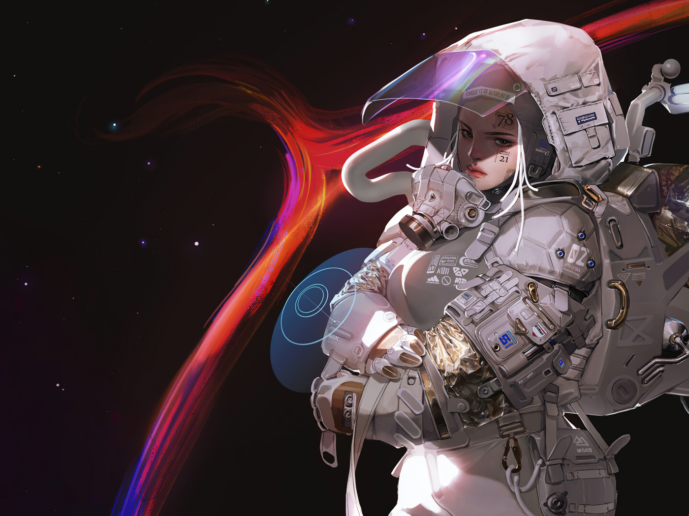 Девушка астронавт в скафандре в космосе