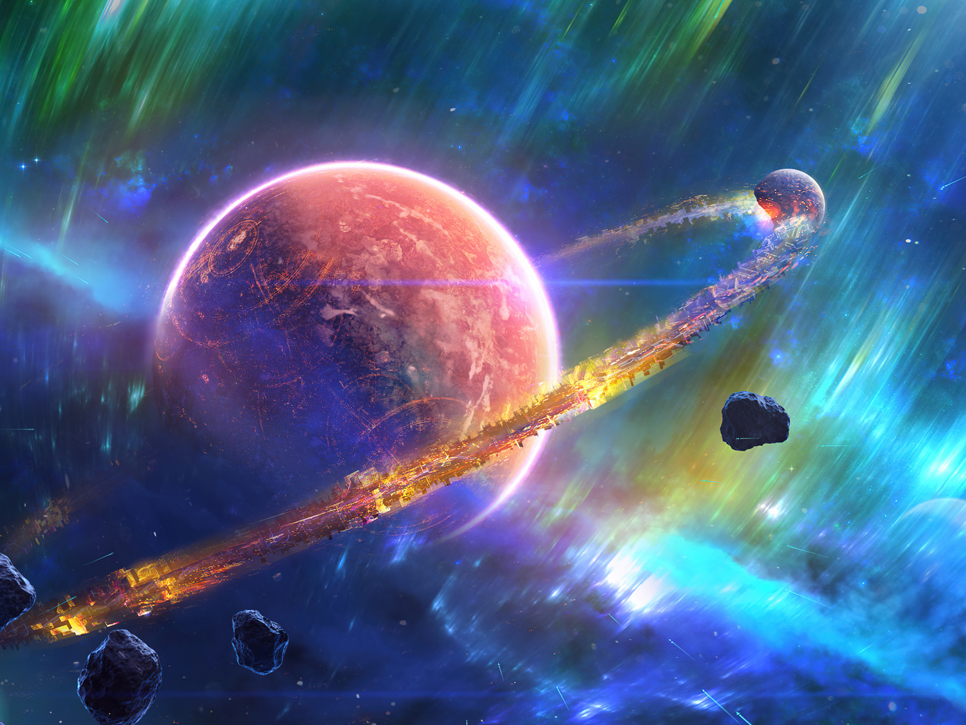 Большая планета с кольцами в космосе с астероидами