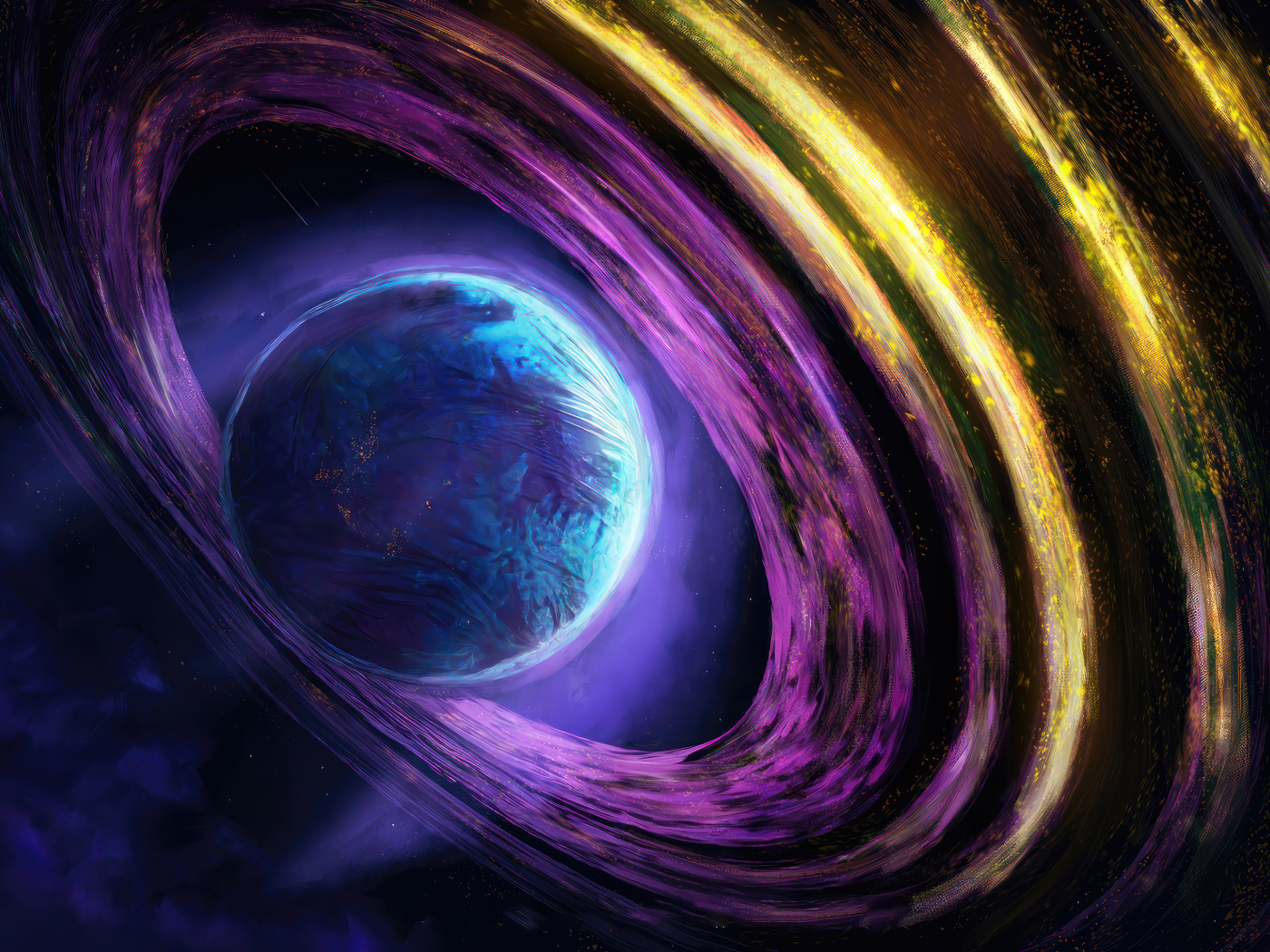 Планета с разноцветными кольцами в космосе