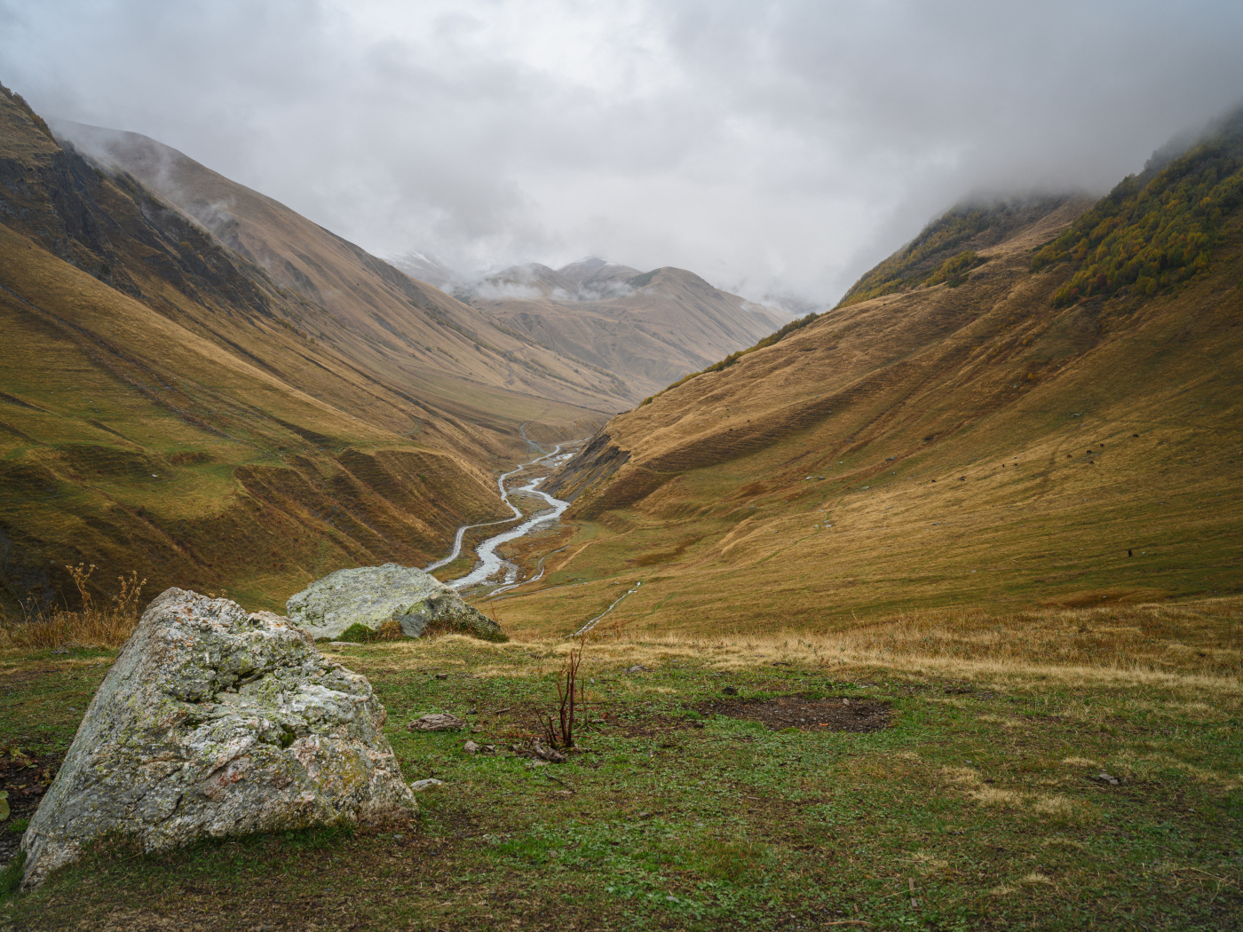 Река между гор под пасмурным небом, Грузия