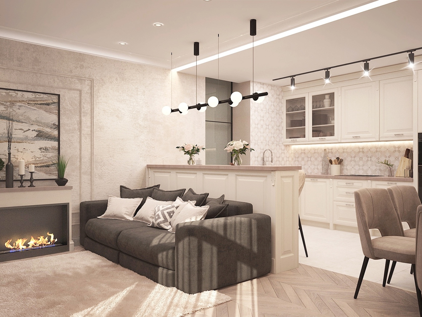 Светлая гостиная с камином и кухней