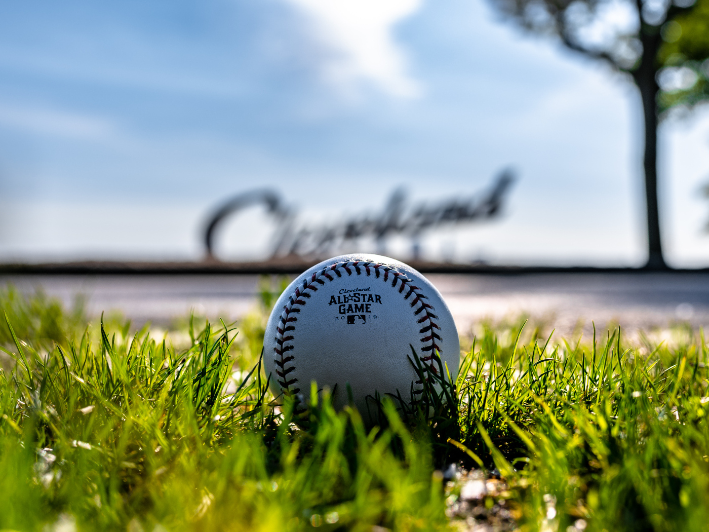 Кожаный бейсбольный мяч на зеленой траве