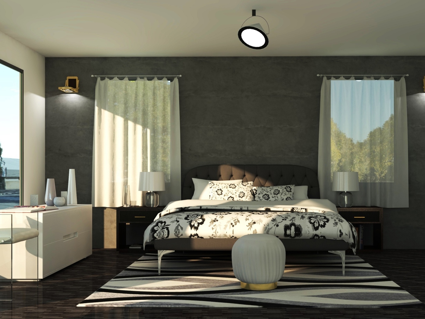 Комната с большой кроватью и окнами