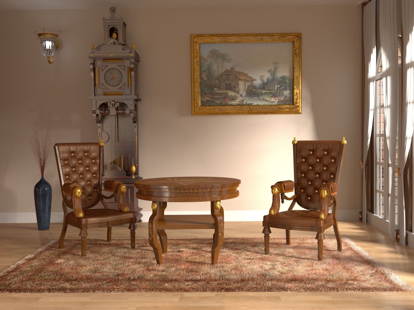 Кожаные винтажные кресла в комнате с большими часами