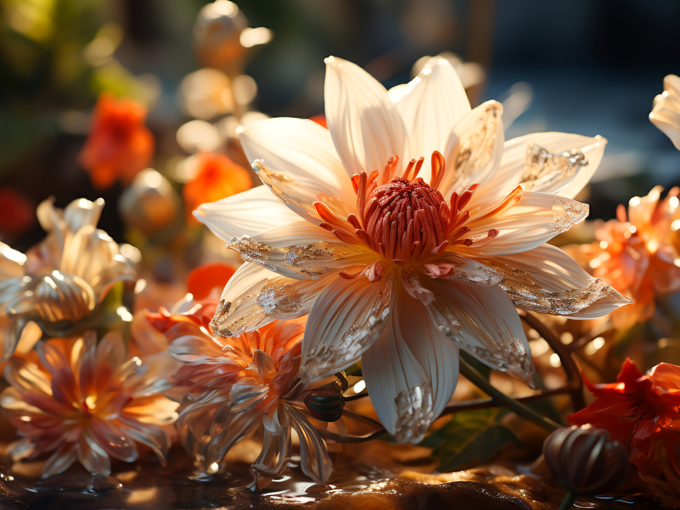 Распустившийся необычный цветок в воде с бутонами