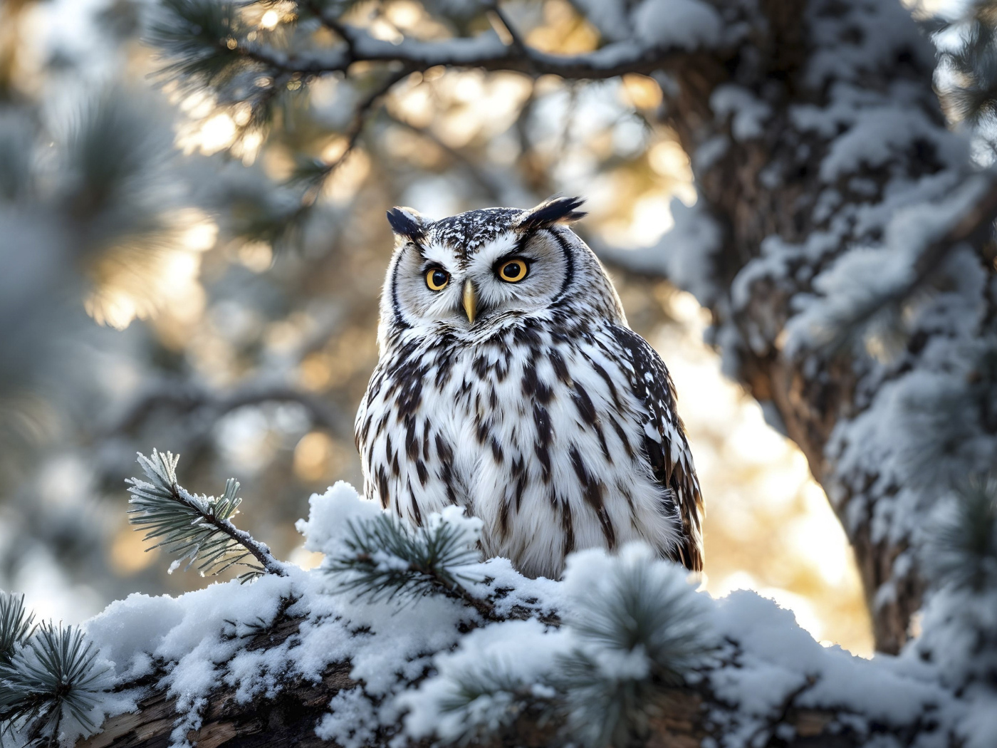 Большая сова сидит на заснеженной ветке дерева