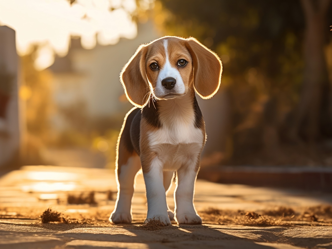 Щенок бигля стоит на дороге