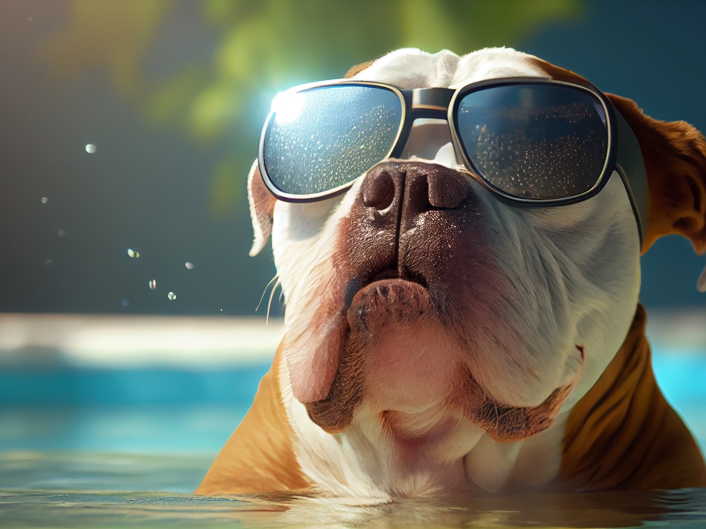 Бульдог в очках сидит в воде