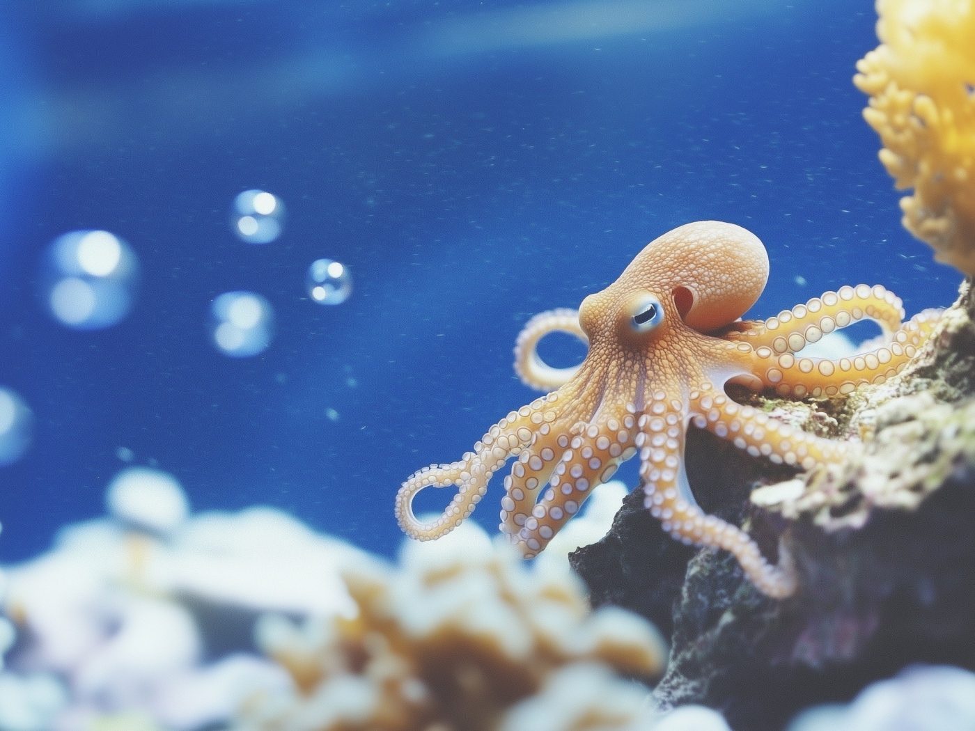 Осьминог у камня под водой