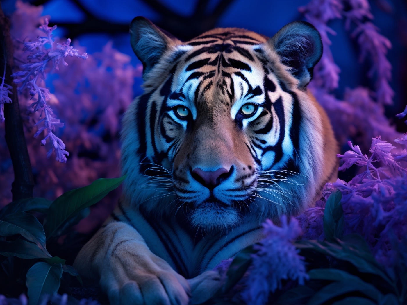 Большой полосатый тигр в цветах