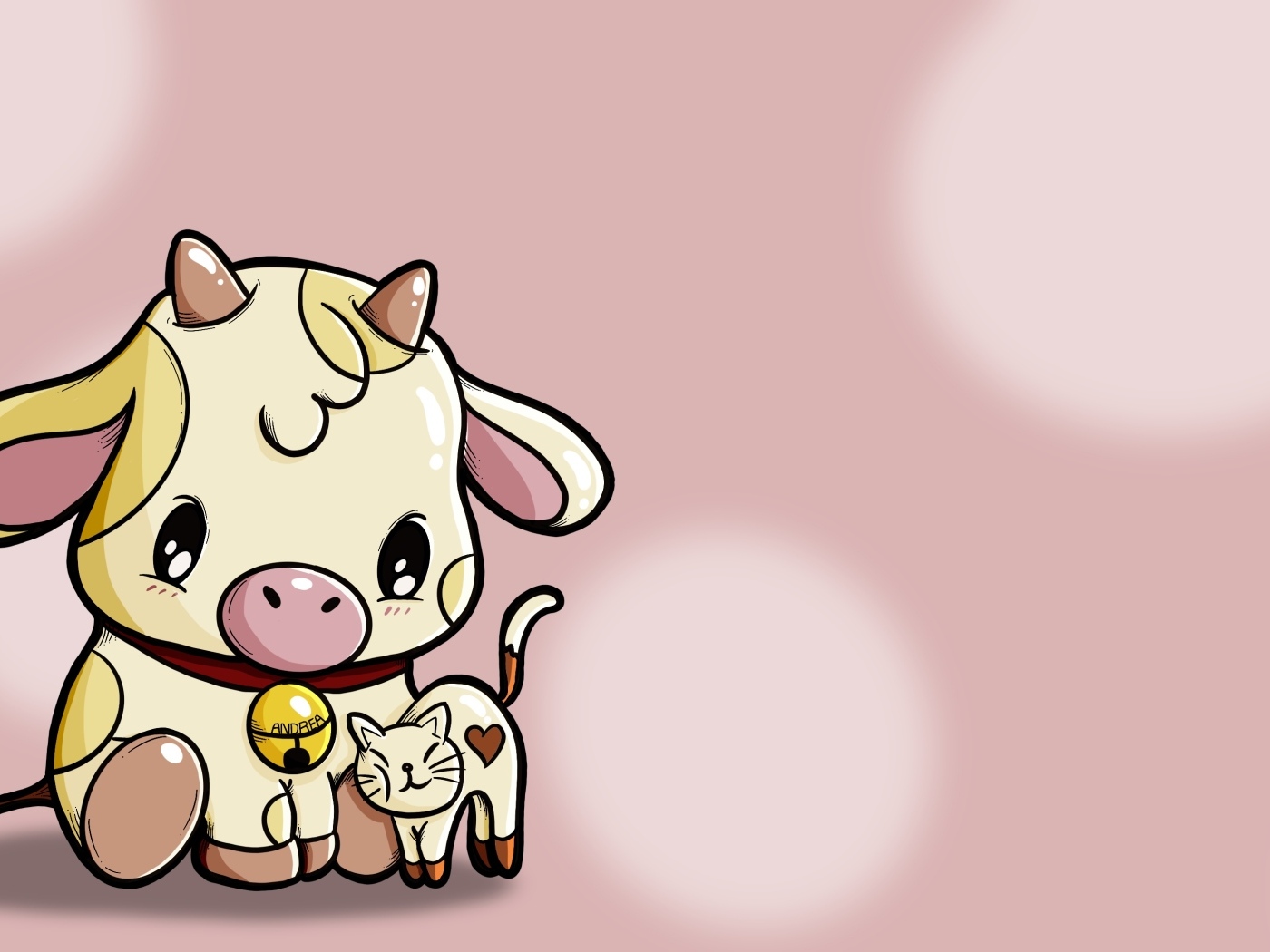 Нарисованный теленок с кошкой