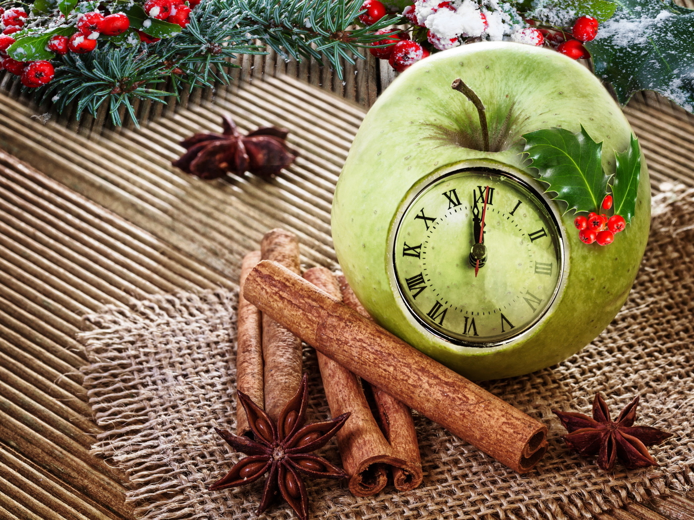 Зеленое яблоко с часами на столе со специями