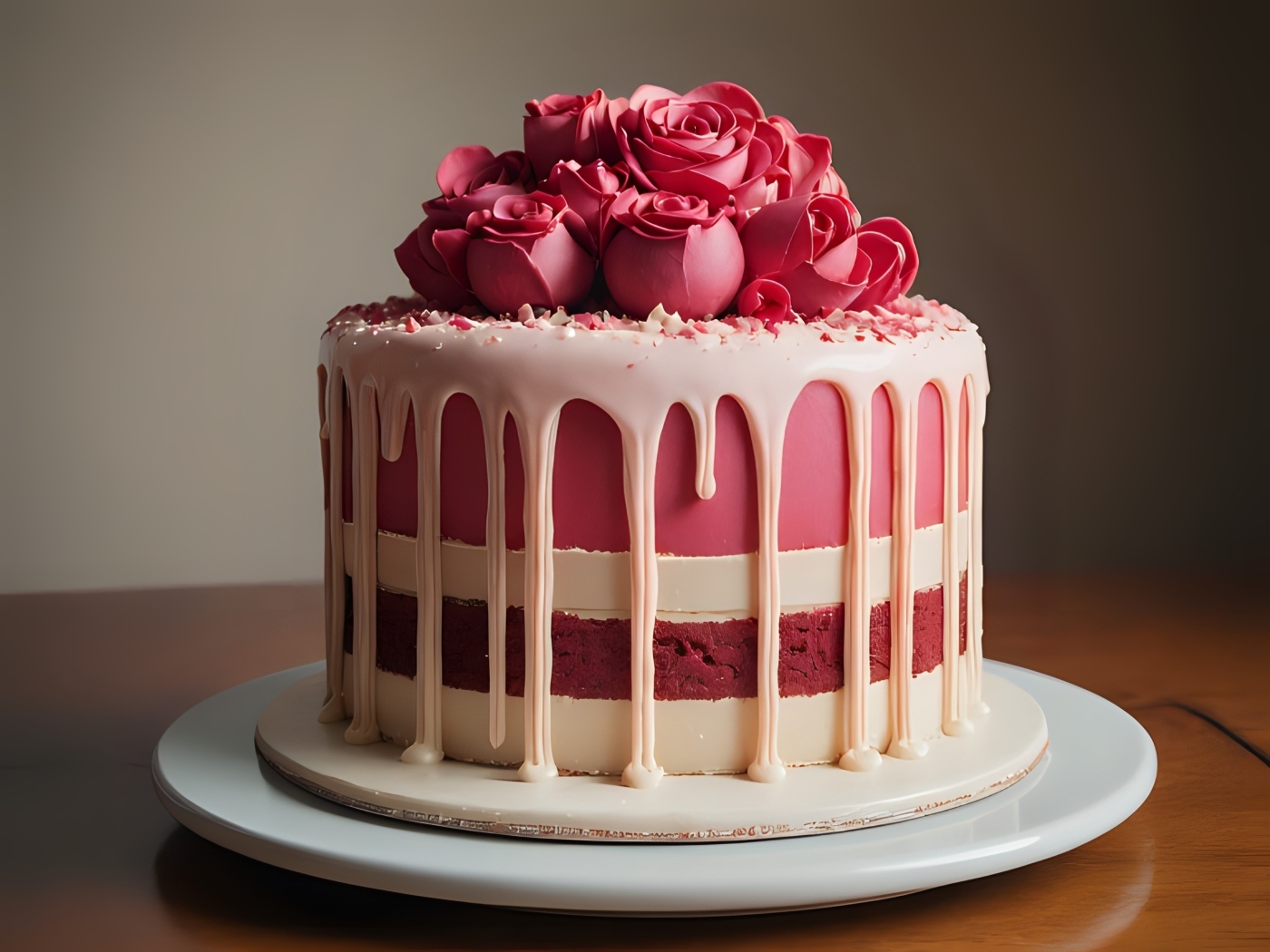 Красивый торт с кремовыми розами на тарелке