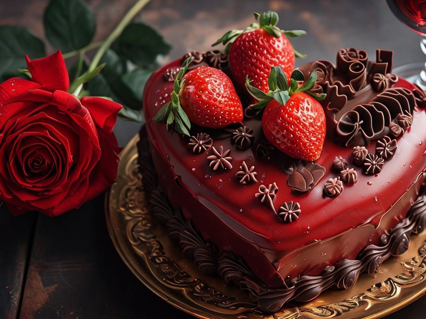 Красивый торт в шоколаде с клубникой и красной розой