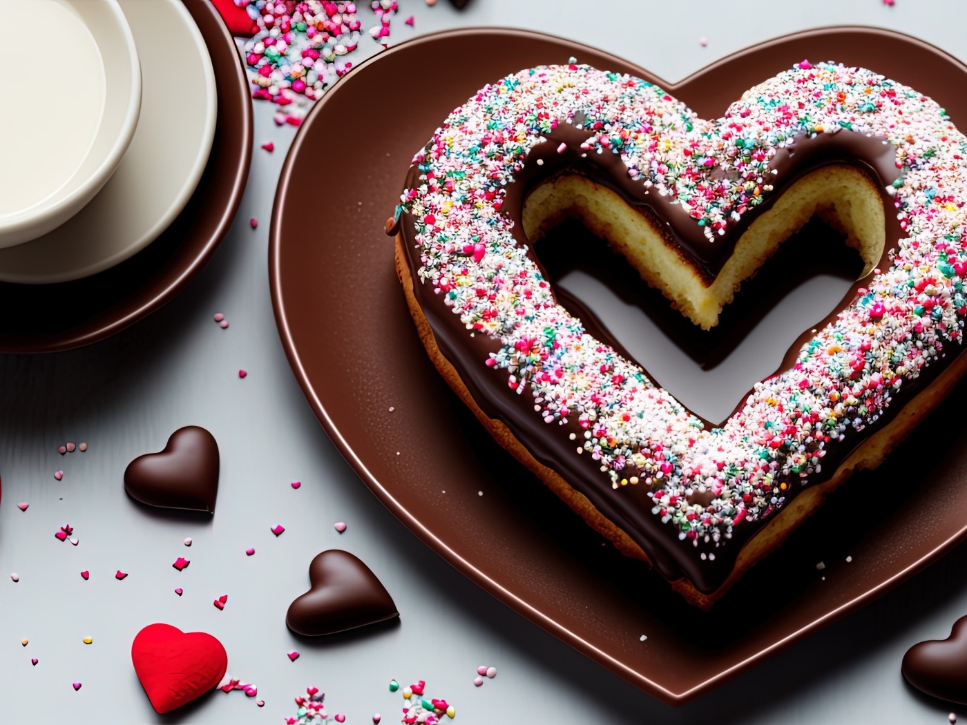 Торт в форме сердца с шоколадом на столе