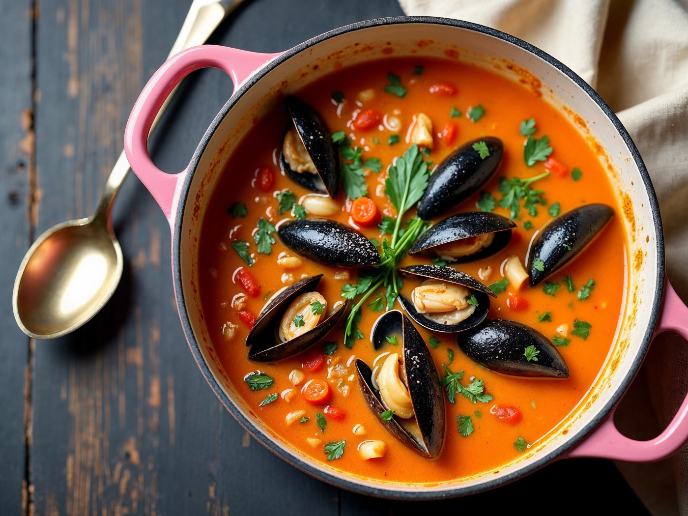 Томатный суп с мидиями на столе