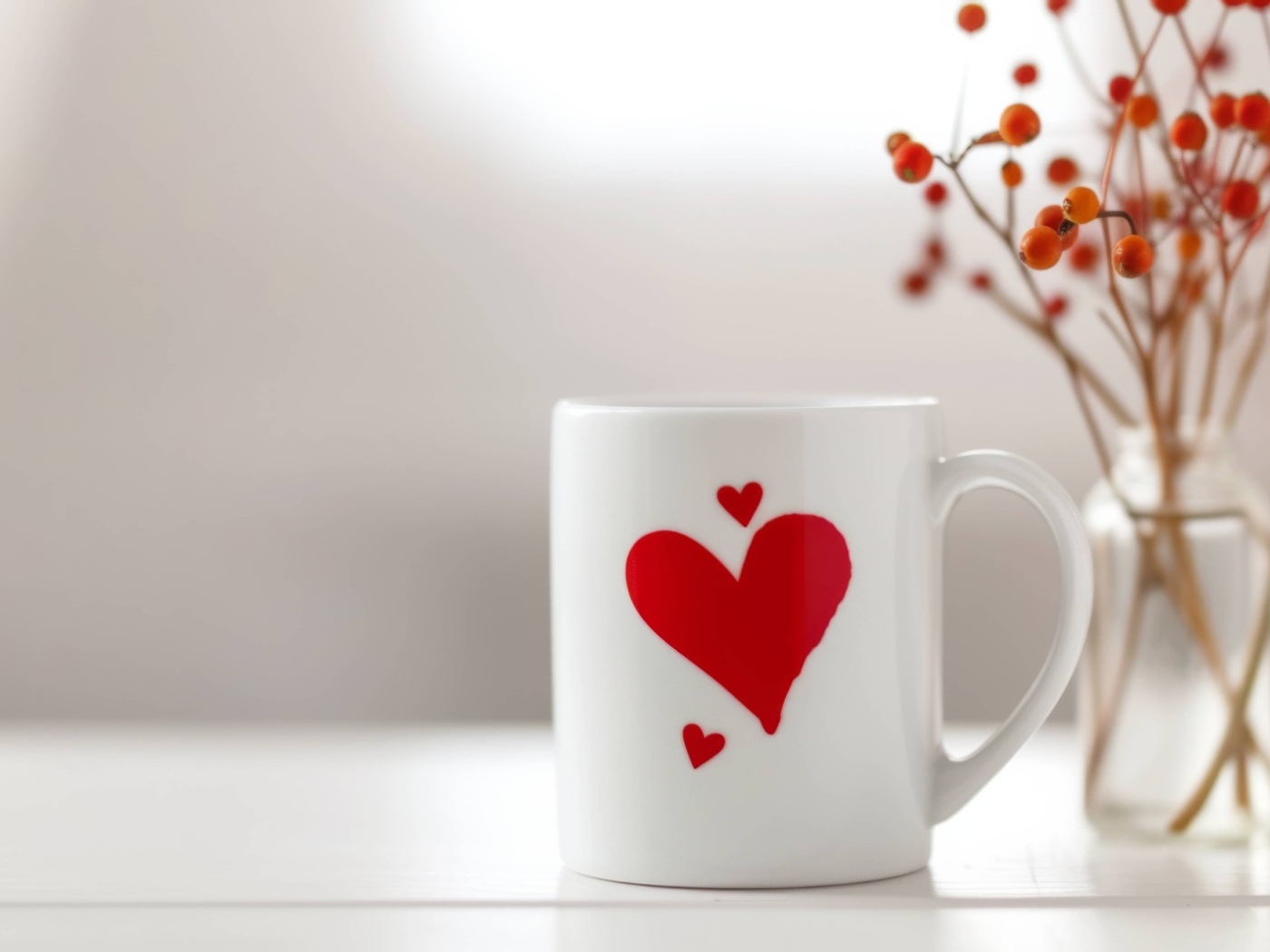 Белая кружка с красным сердцем на столе