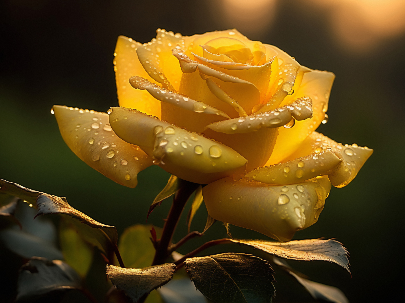 Красивая желтая роза с каплями росы на лепестках