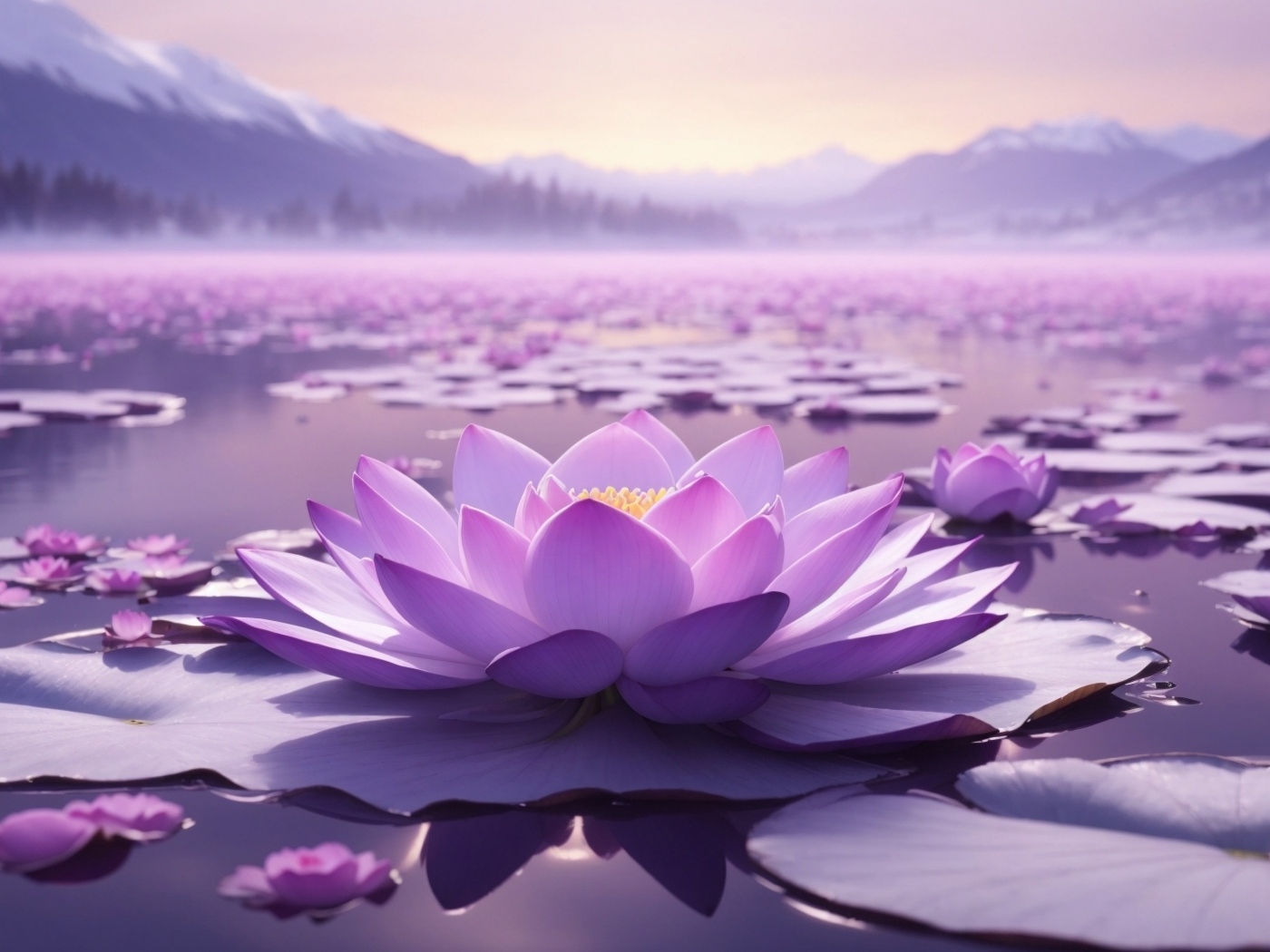 Озеро с крупными розовыми цветами лотоса