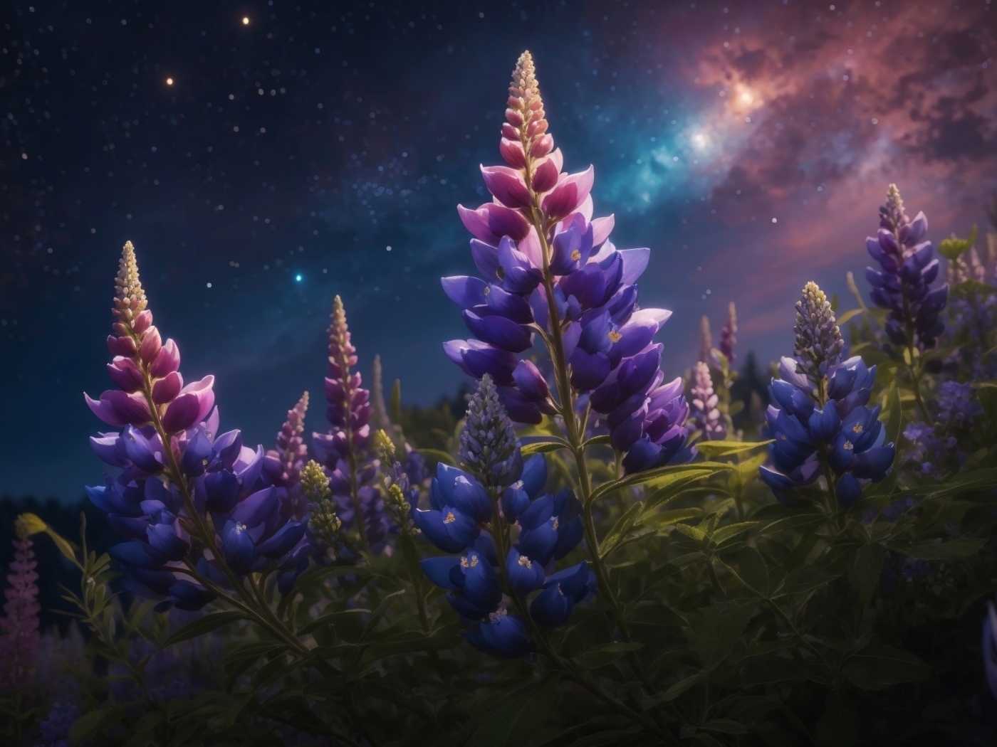 Цветы люпина под красивым ночным небом