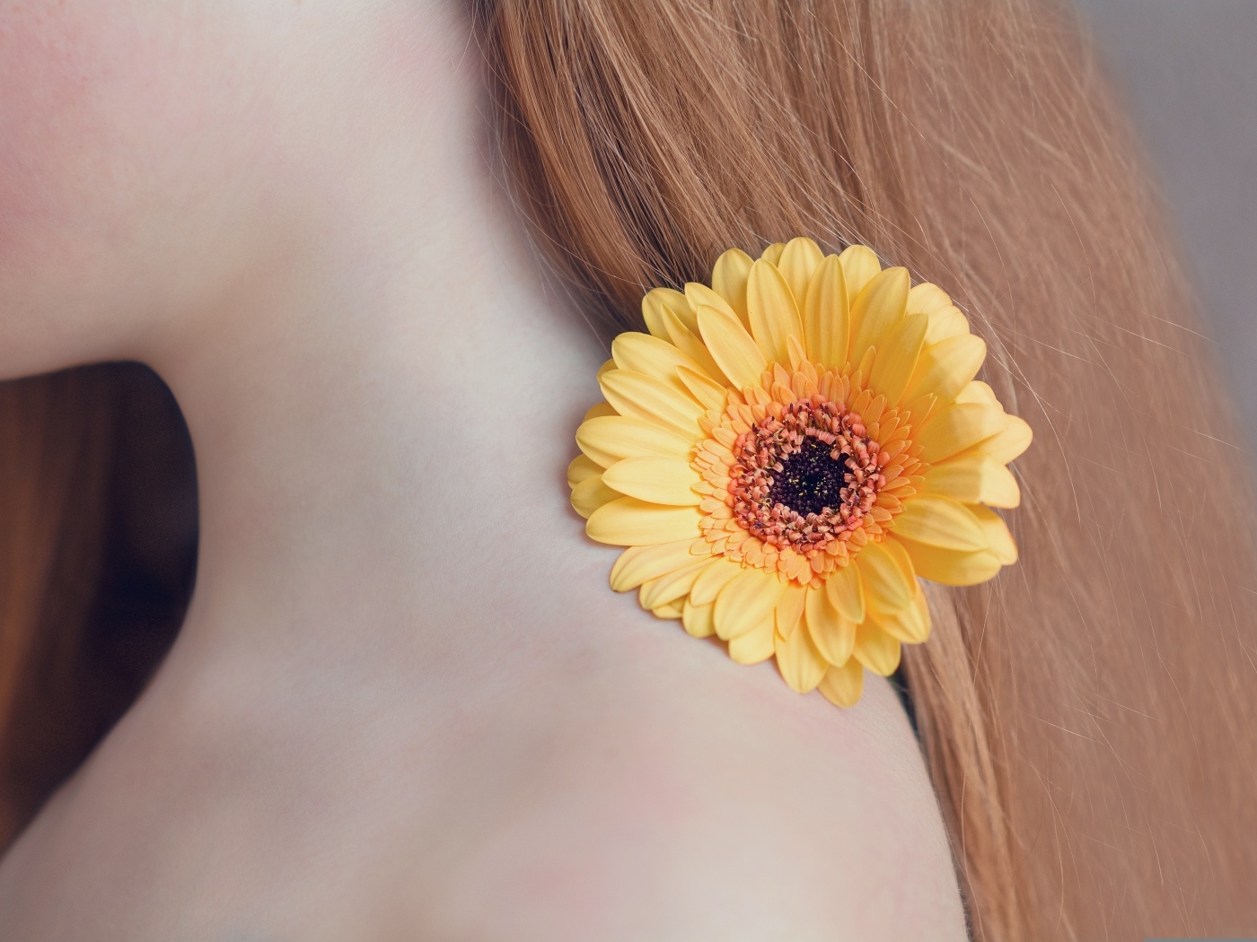 Оранжевая гербера в волосах рыжеволосой девушки