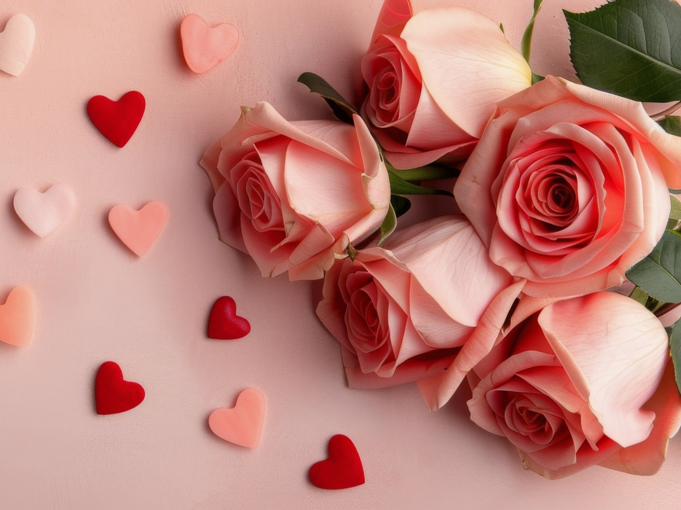 Розовые розы с маленькими сердечками на розовом фоне