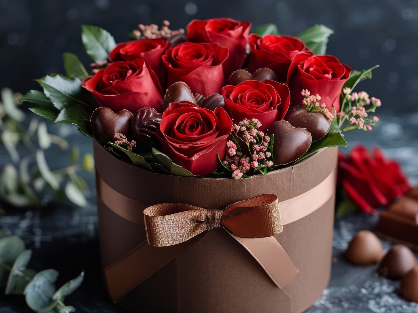 Красные розы в коробке с конфетами