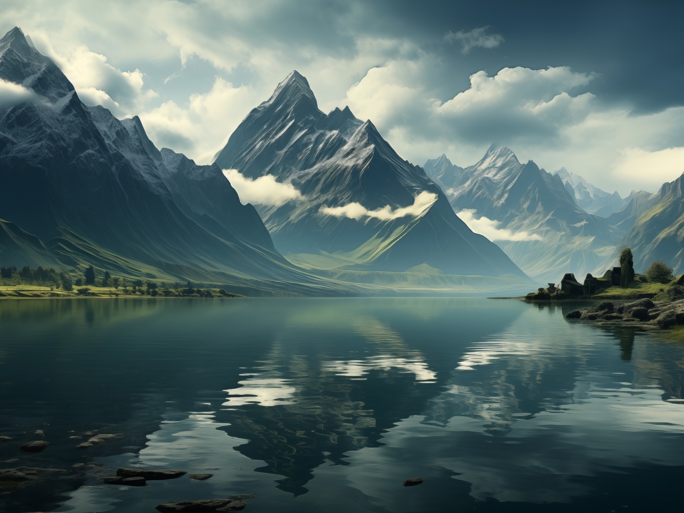 Горы в белых облаках у реки 