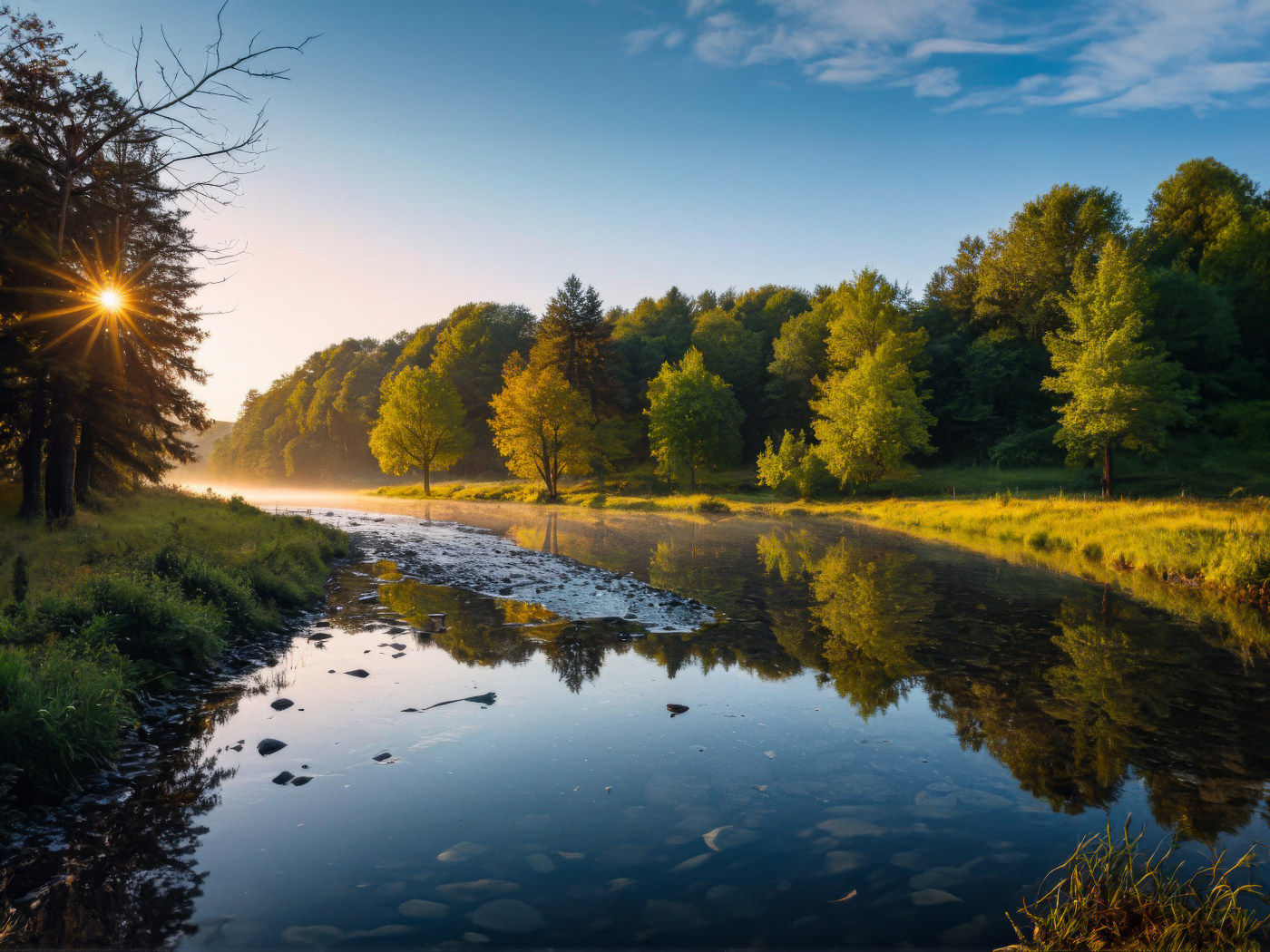 Рассвет над тихой рекой летом