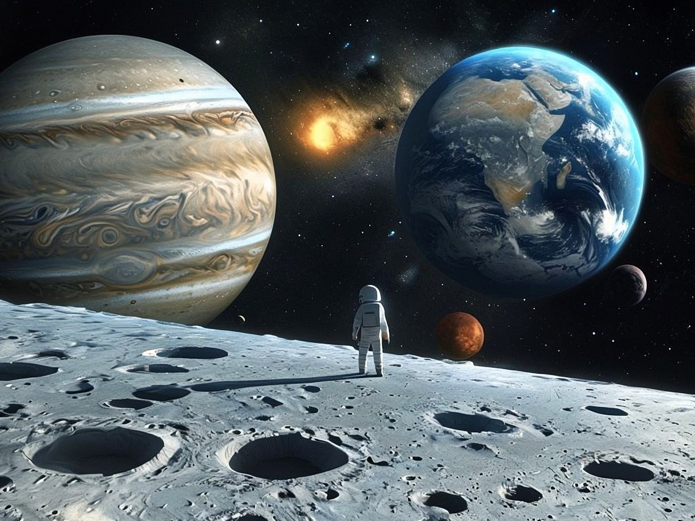 Астронавт в космосе смотрит на планеты