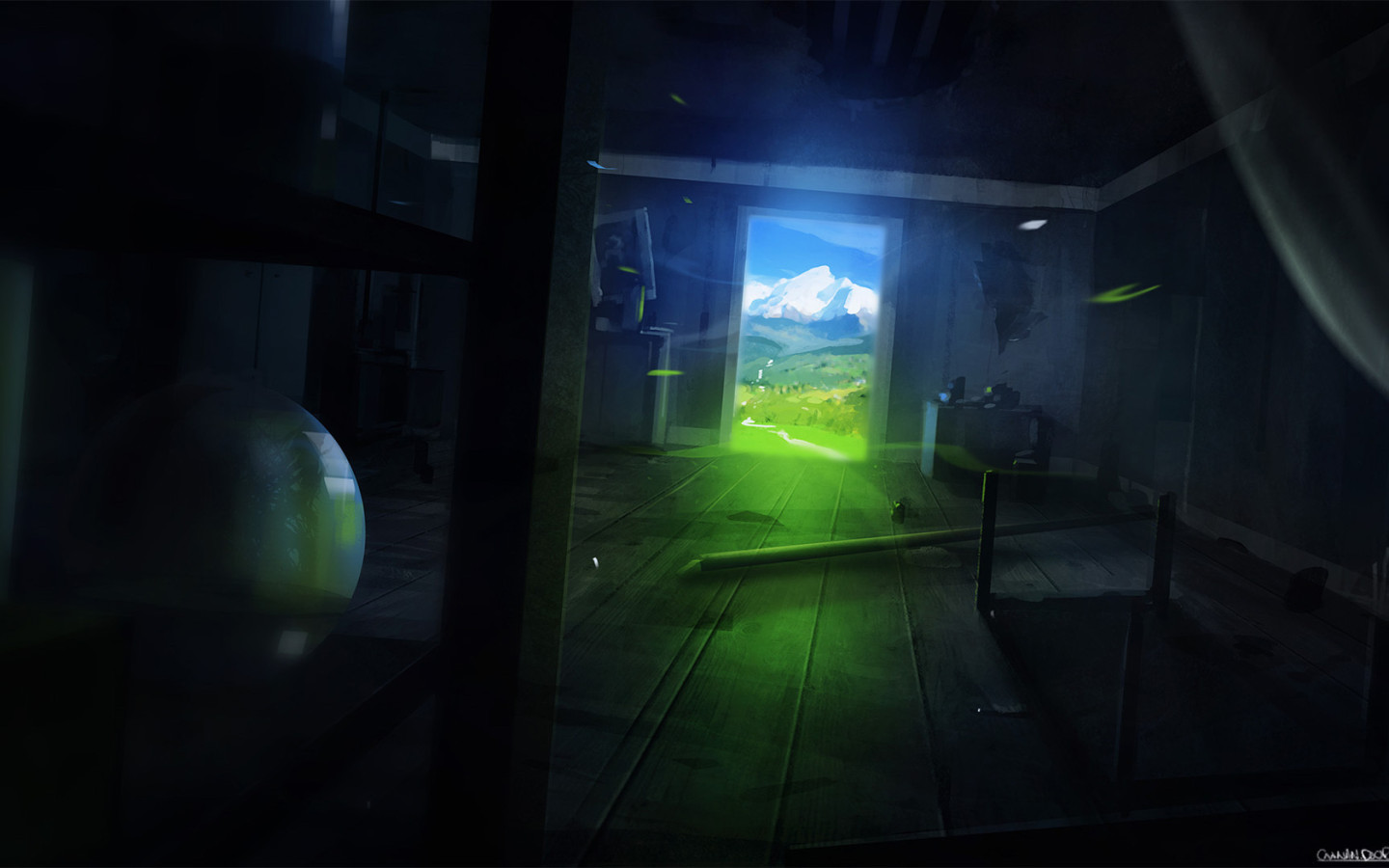 Темная комната с видом на горы