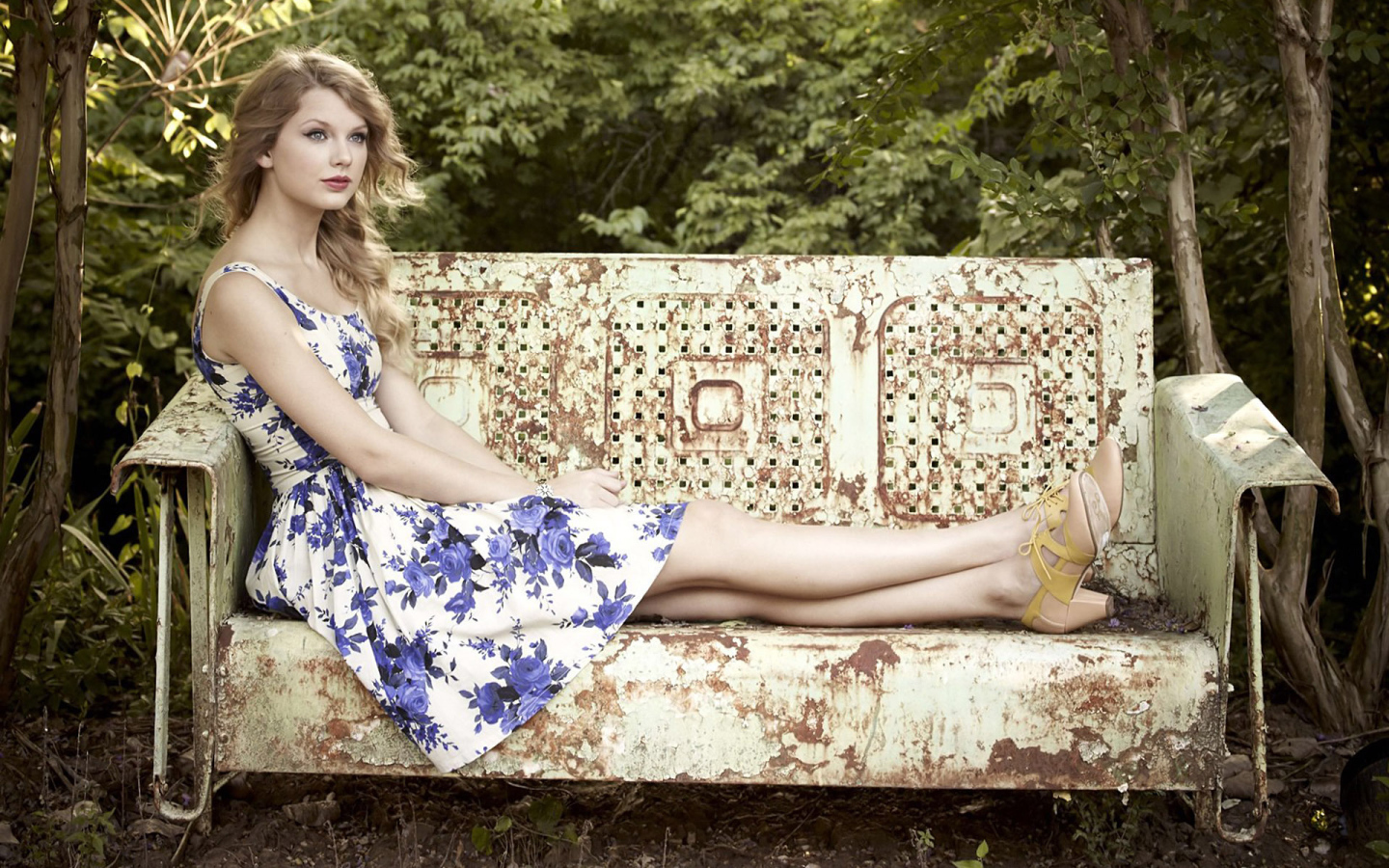 Taylor Swift на старой скамейке