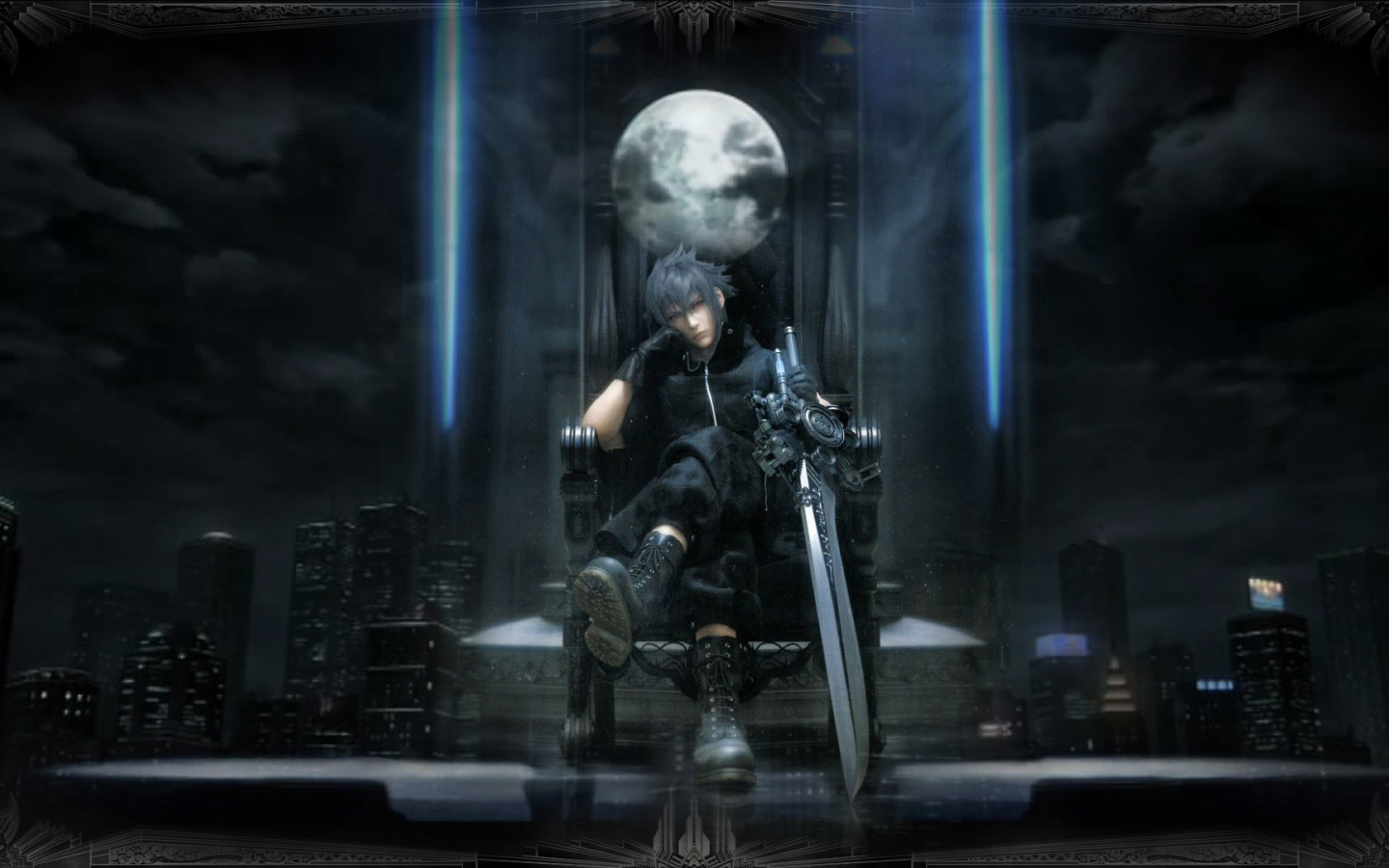 Герой игры на фоне города Final Fantasy xv