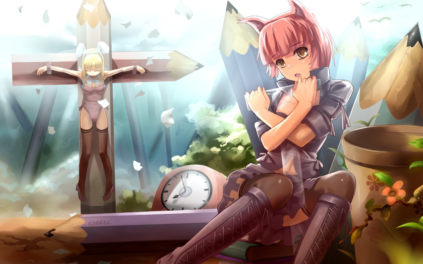 Девочка на кресте из карандашей