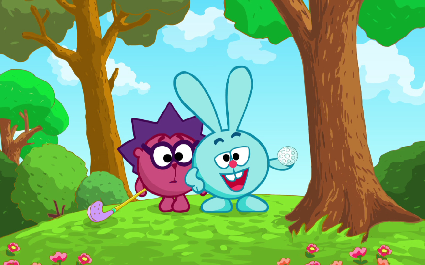 Игра в гольф в мультфильме Смешарики