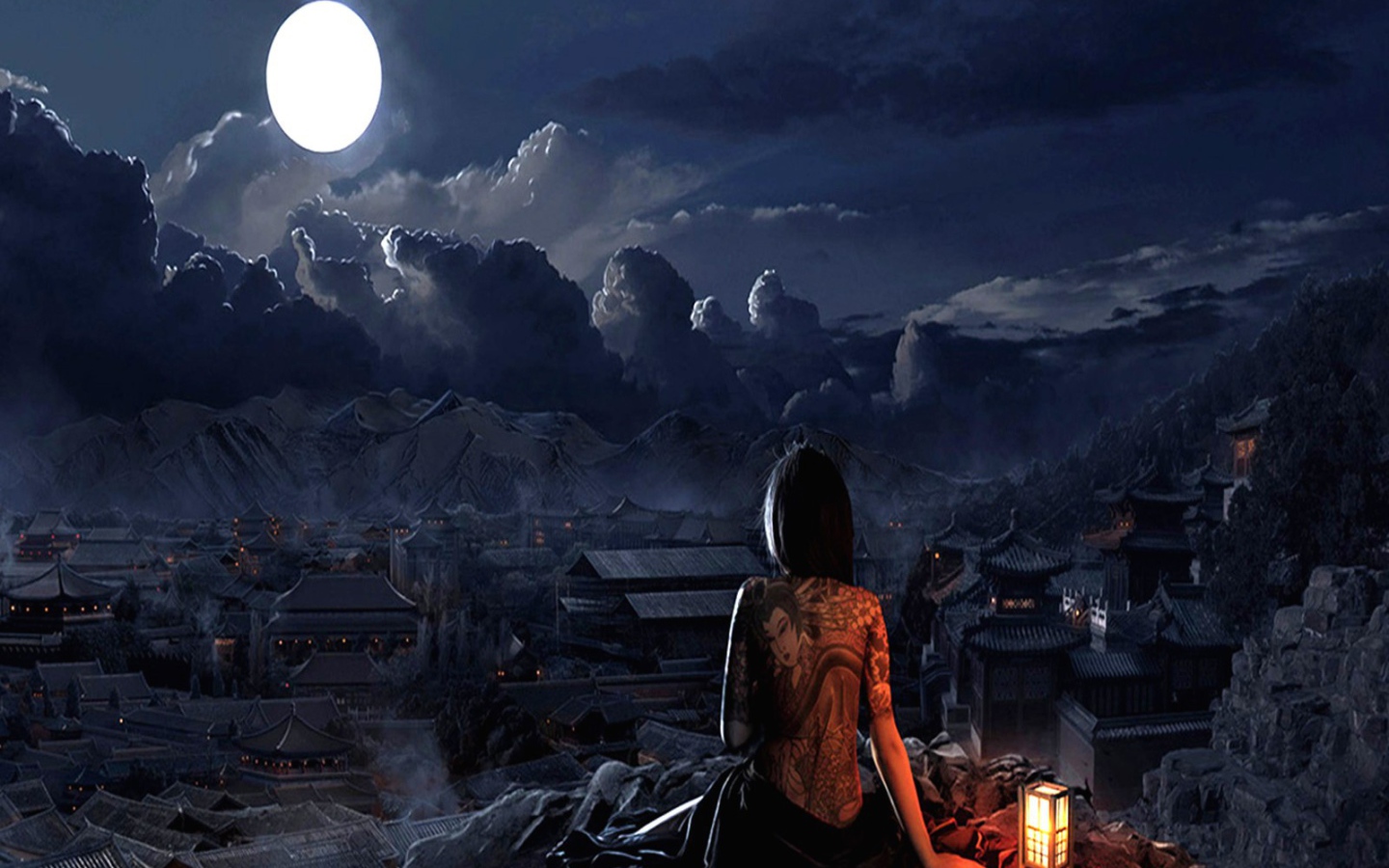 Японская девушка смотрит на луну