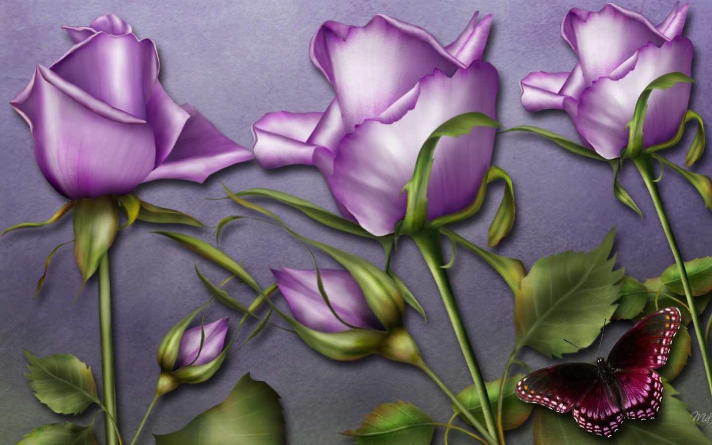 Фиолетовые розы и бабочка