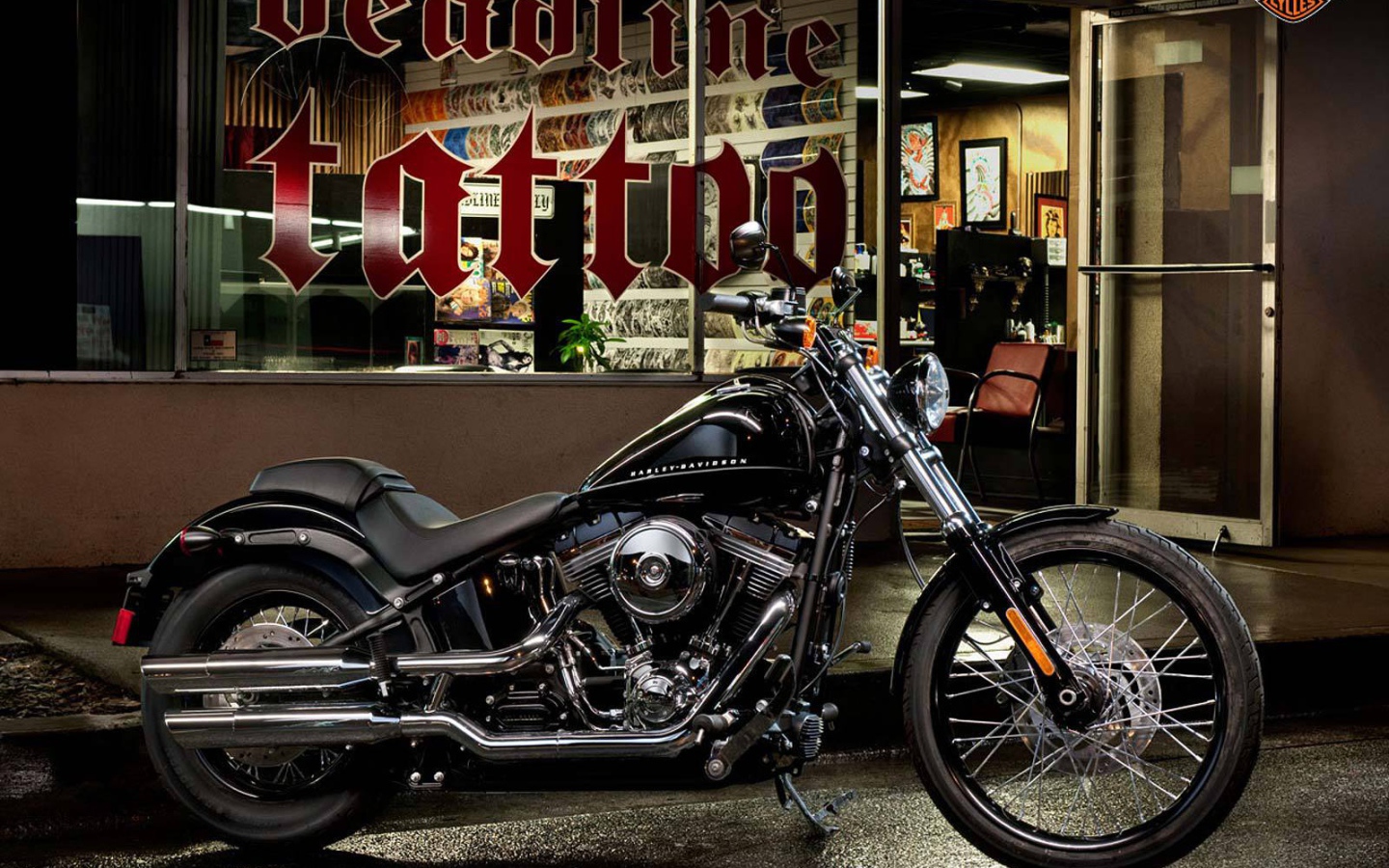 Новый мотоцикл на дороге Harley-Davidson Softail Blackline