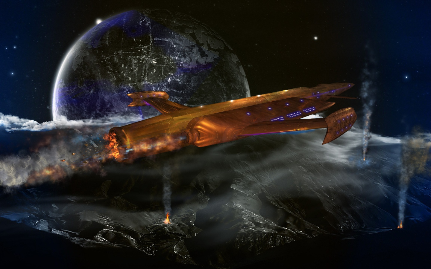 Космический корабль пролетает над планетой