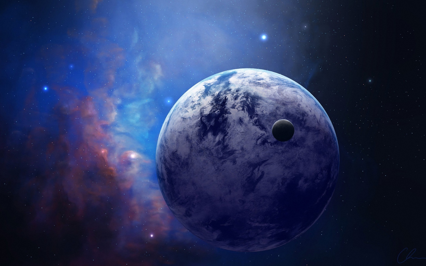 Планета со спутником в космосе