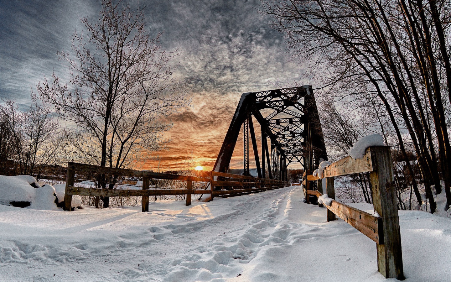 Bridge over the river in winter