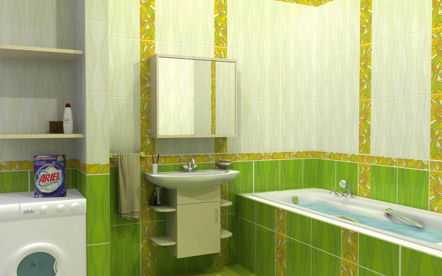 Green and white tiles in the bathroom