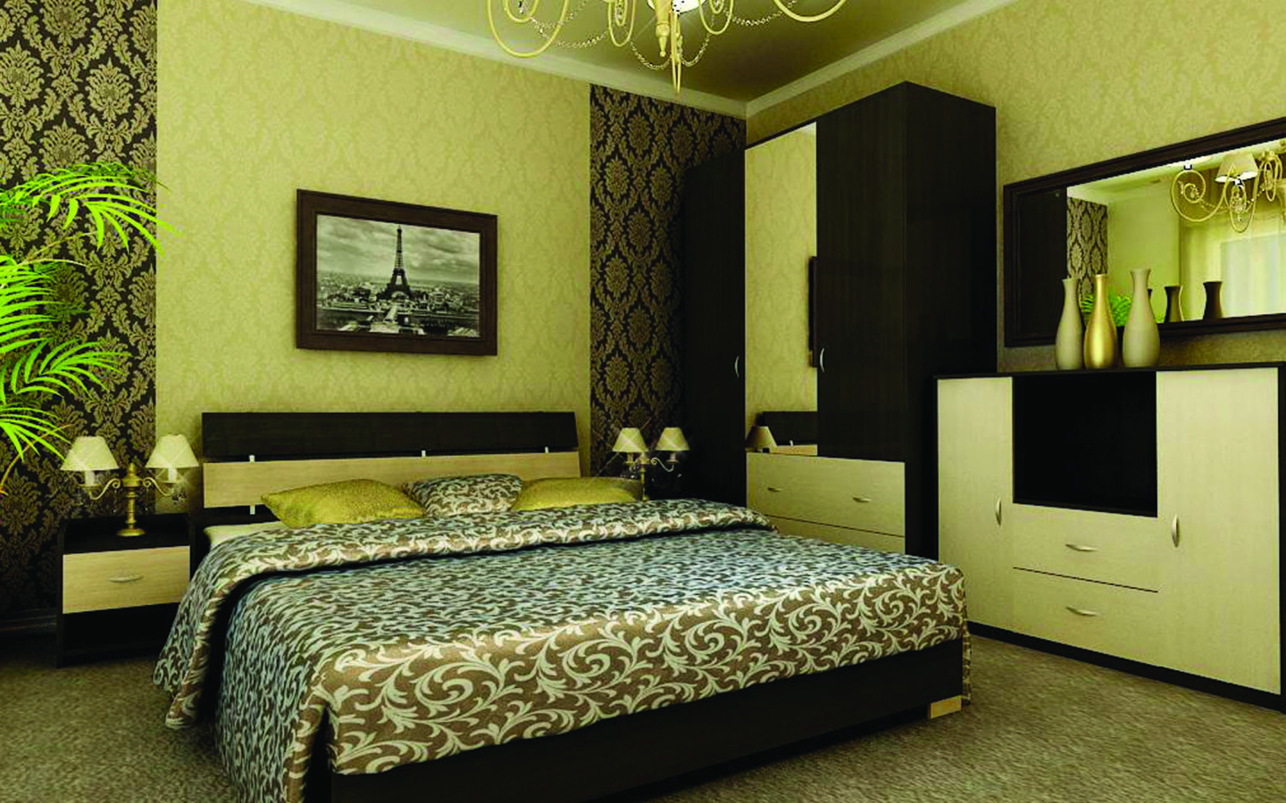 Зеленые обои в спальне
