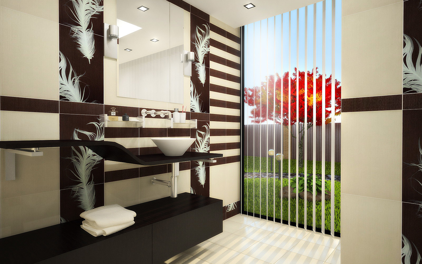 Красное дерево за окном ванной