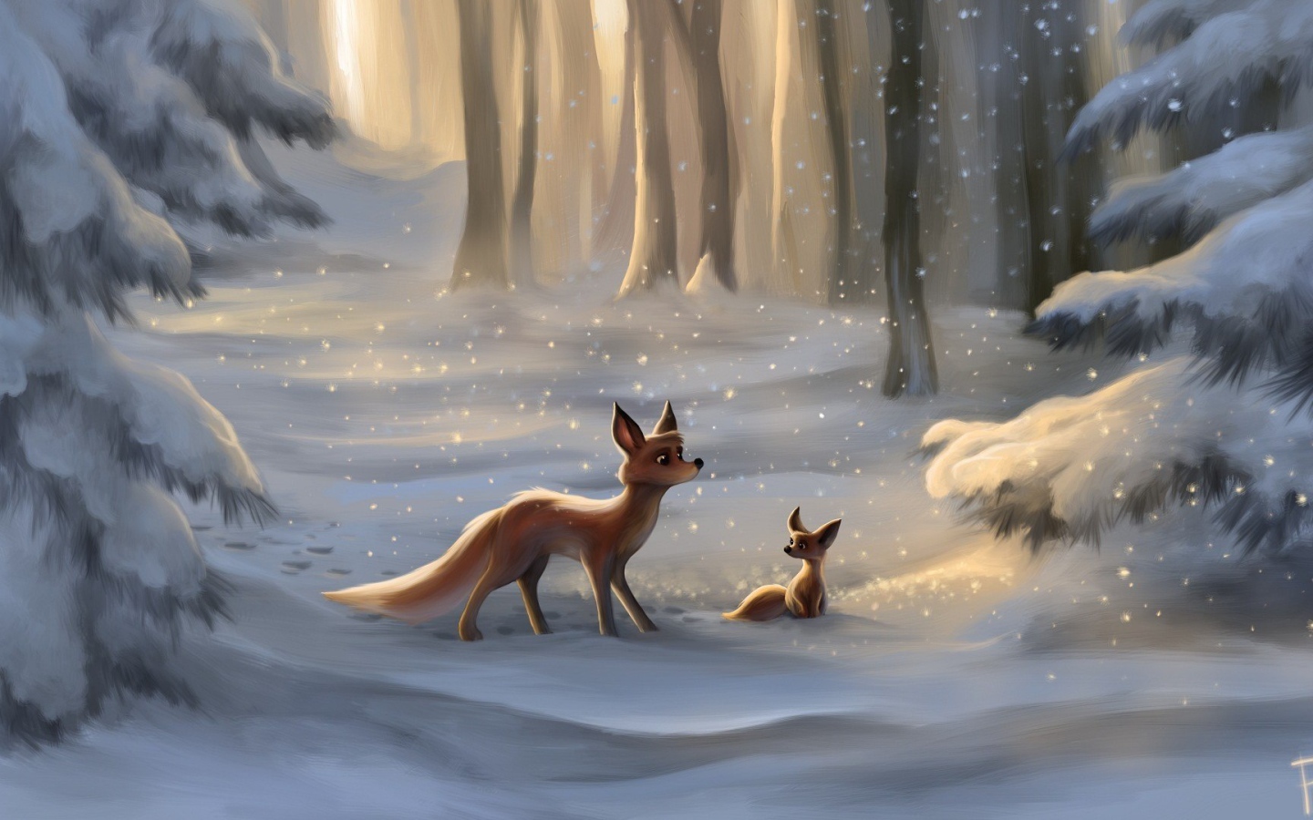 Fox and her son in a snowy forest